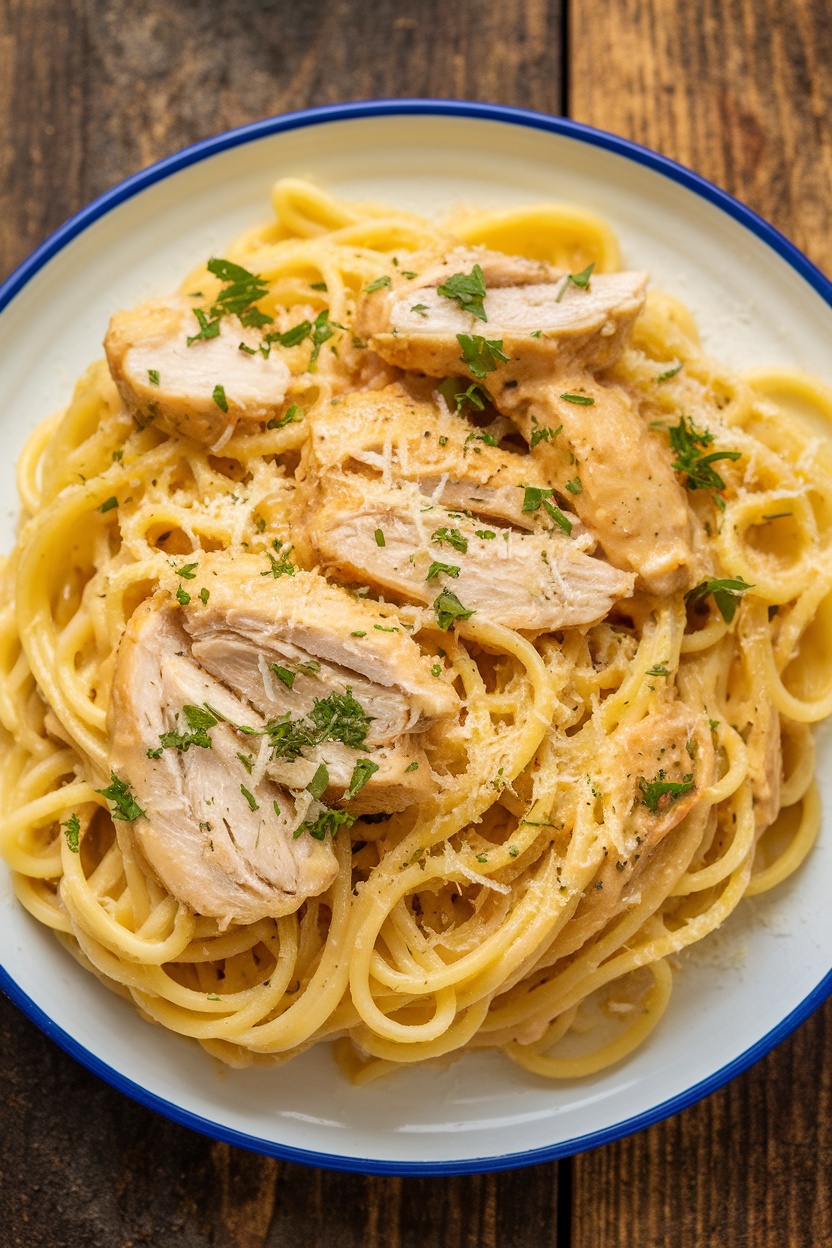 A delicious serving of lemon garlic chicken pasta with chicken slices, creamy sauce, and parsley on a rustic table.